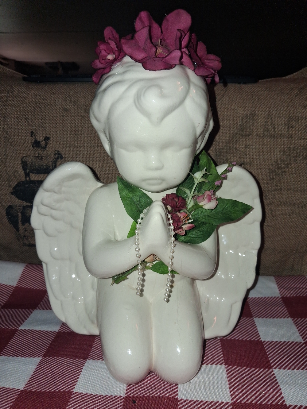 Source Unknown White Ceramic Angel Figurine with Pink Floral Crown